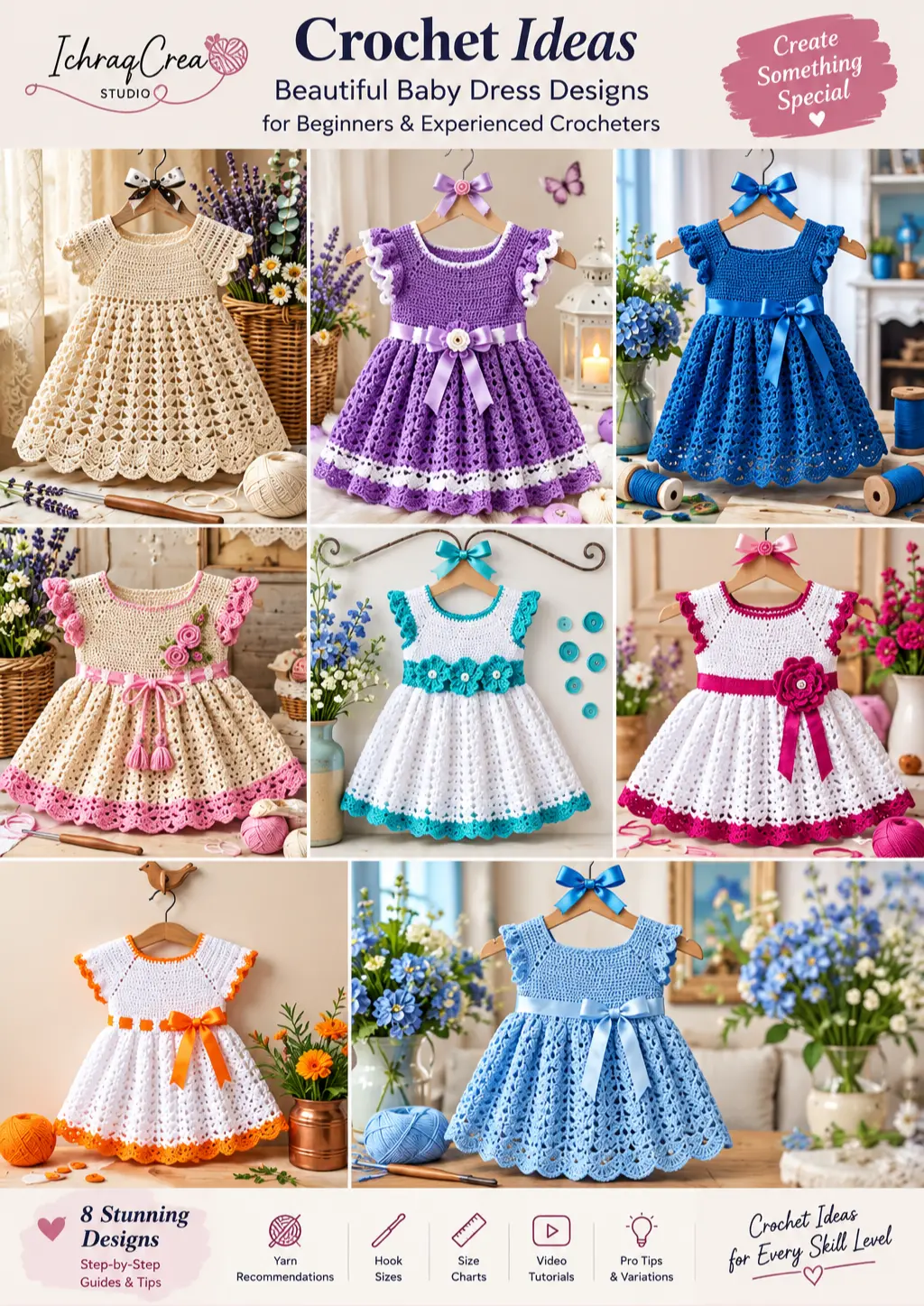 Crochet baby dress ideas collection featuring eight handmade dress designs