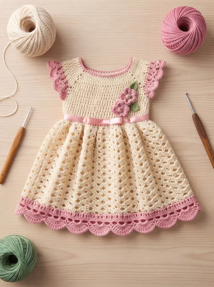 Cream and dusty pink boho crochet baby frock with blossom appliqué cord - IchraqCrea