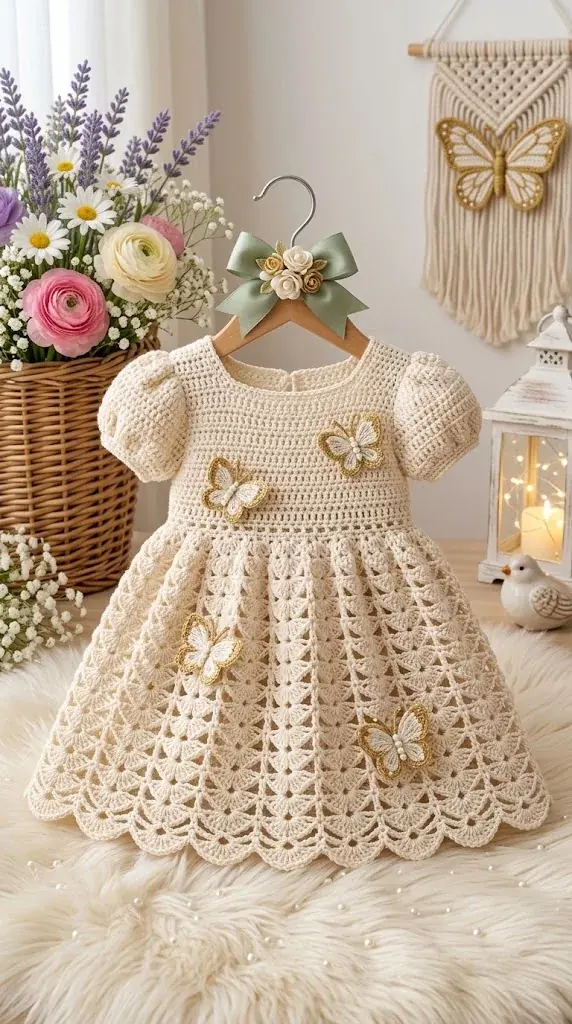 Vintage cream crochet baby dress with scalloped fan hem border - Ichraq Crea