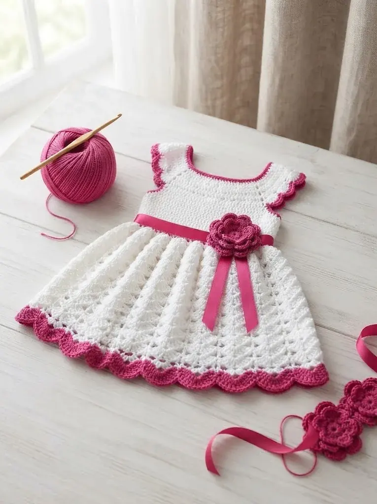 White and vibrant fuchsia crochet baby frock with flutter sleeves and layered flower