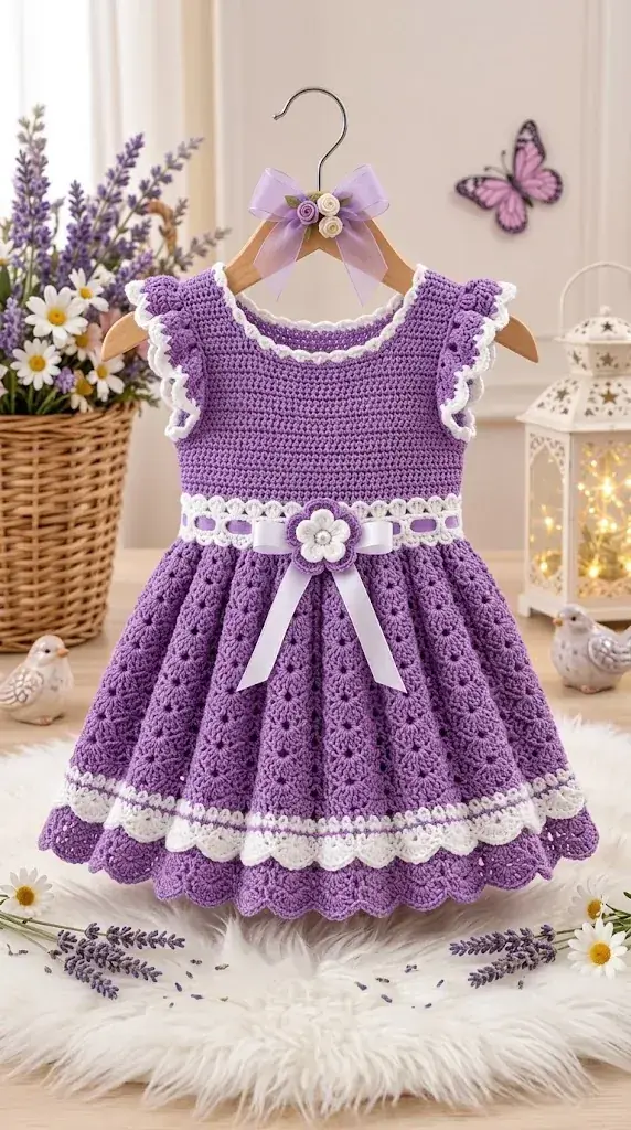 Purple and white crochet baby dress with flutter sleeves and 3D flower appliqué