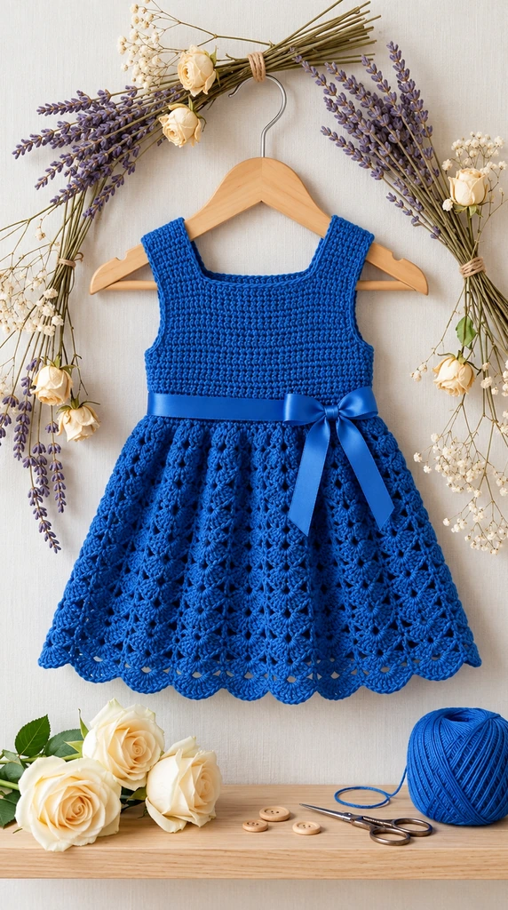 Royal blue square neck crochet baby dress with openwork fan skirt and ribbon bow