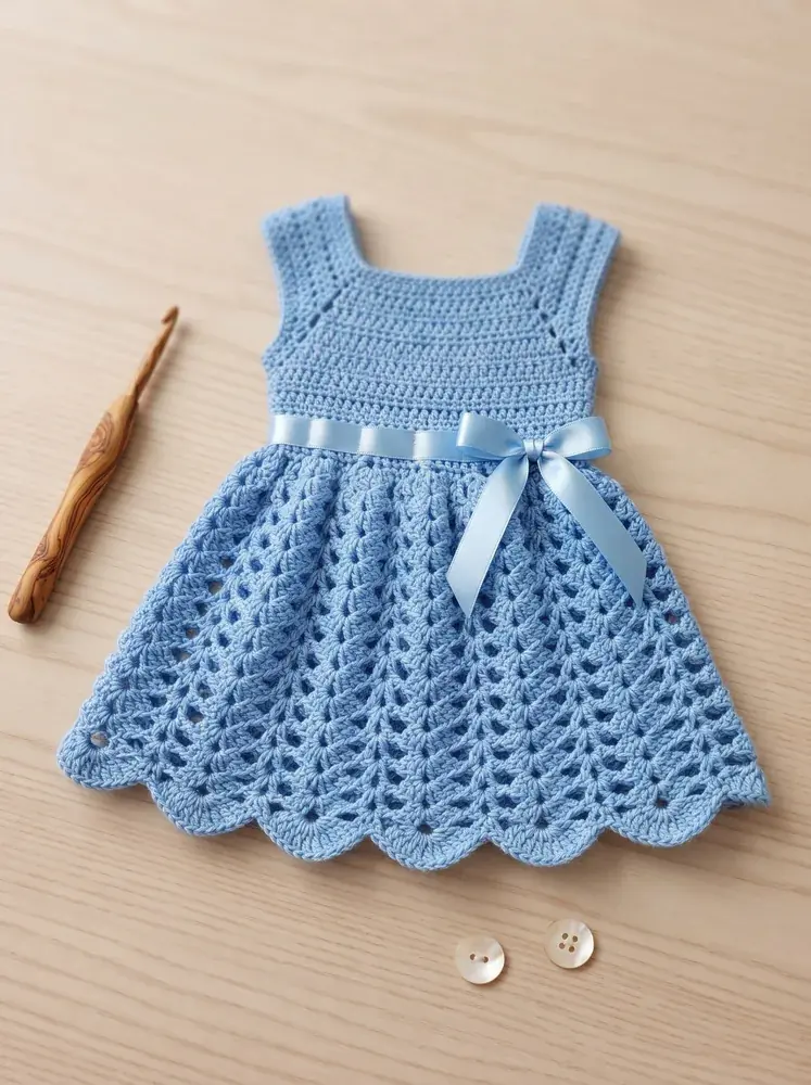 Soft sky blue crochet baby dress pattern with square yoke and eyelet waist bow