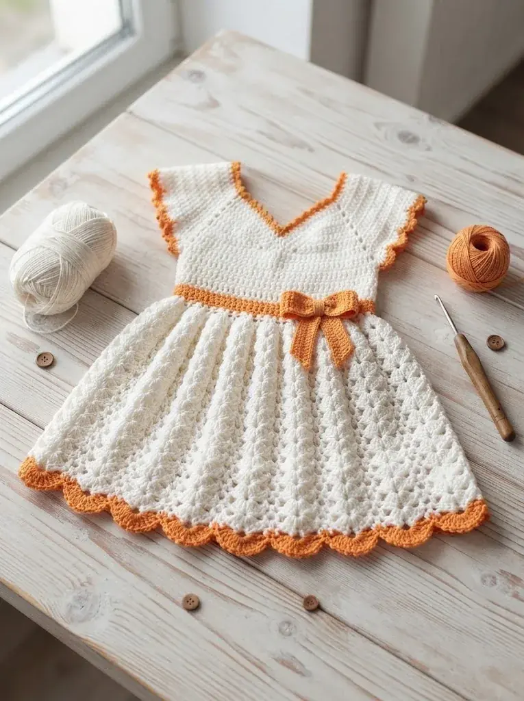 White and citrus orange crochet baby dress with contrast picot hem and satin ribbon