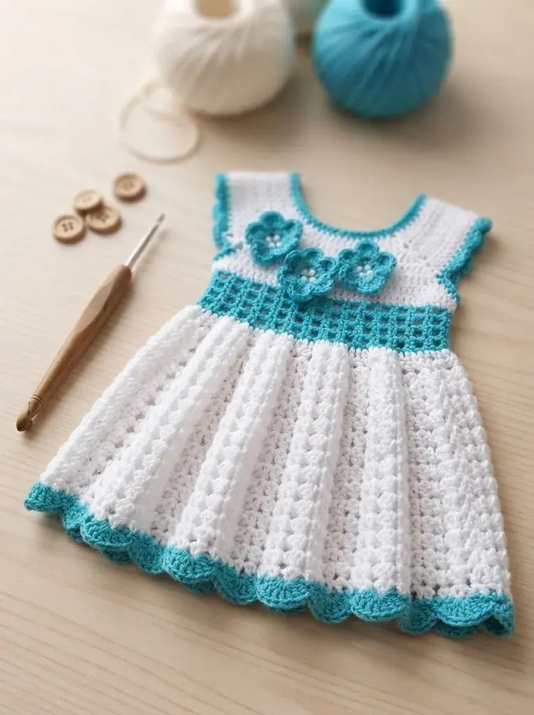 White and turquoise crochet baby girl dress with 3D pearl flowers and eyelet waist