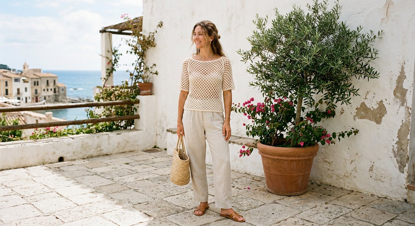 Handmade cream crochet open mesh summer top on a sunny terrace