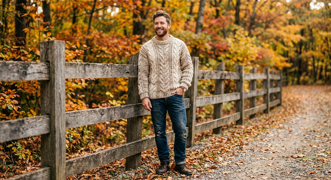 Man wearing a handmade crochet cable-knit pullover in oatmeal and cream outdoors