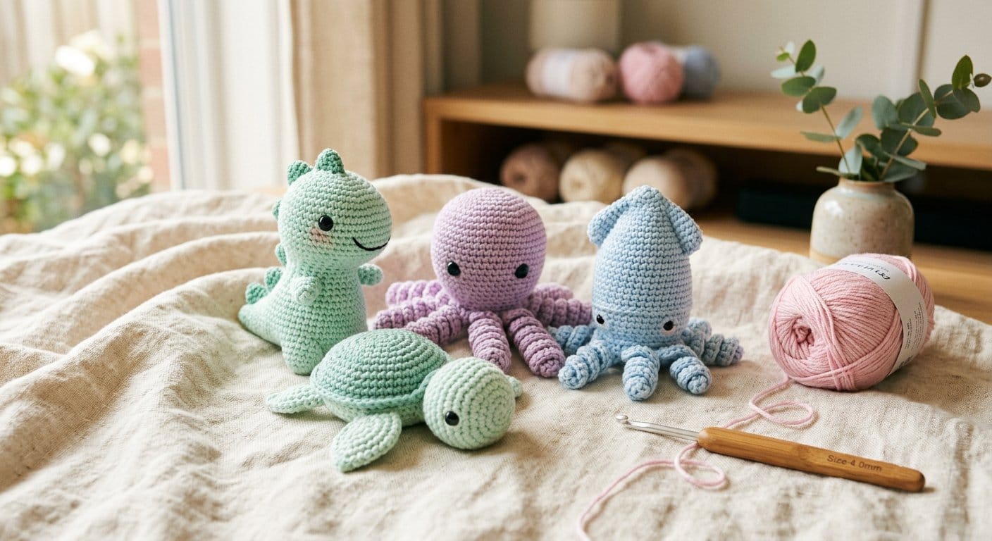 Handmade crochet amigurumi plushies in pastel yarn on a cream blanket