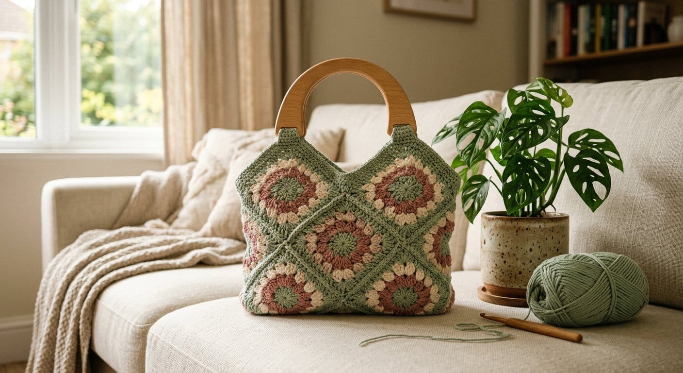 Handmade crochet granny square tote bag in sage green, cream and rose on a cream sofa