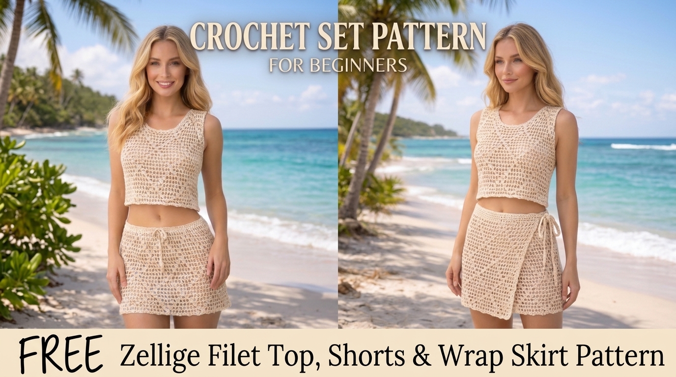 Crochet Set Pattern for Beginners: Free Zellige Filet Top, Shorts & Wrap Skirt (PDF) Pattern