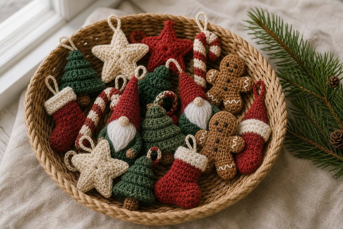A woven basket filled with handmade crochet Christmas ornaments: stars, gnomes, trees, stockings and gingerbread men