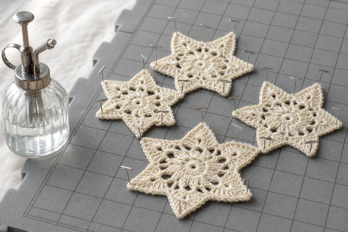 Cream crochet star ornaments pinned flat on a blocking mat with T-pins next to a spray bottle