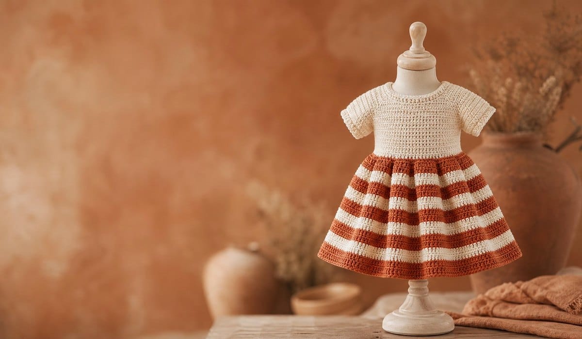Terracotta striped crochet baby dress with a plain bodice and even hem