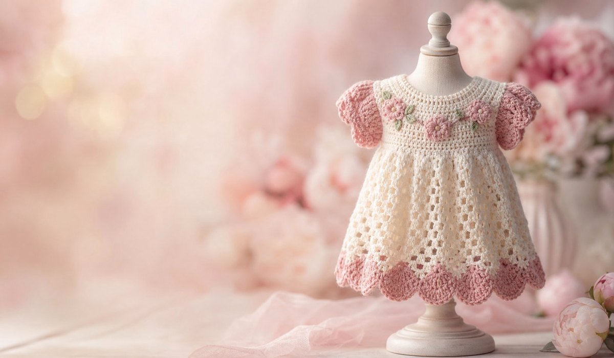 Blush and cream crochet baby dress showing the drape of DK weight yarn