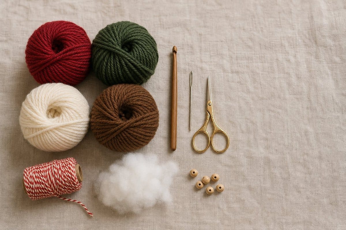 Crochet Christmas ornament supplies: red, green, cream and brown yarn, a wooden hook, scissors and baker's twine