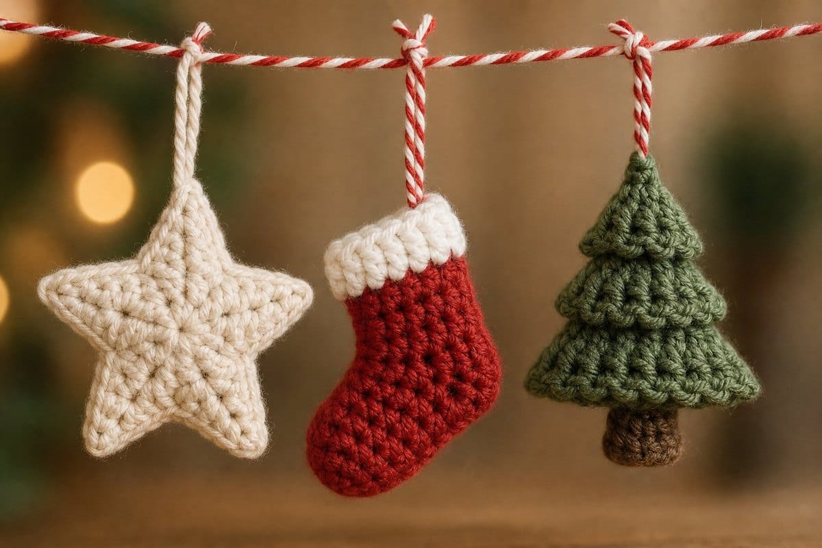 Crochet star, stocking and tree ornaments hanging from red and white baker's twine