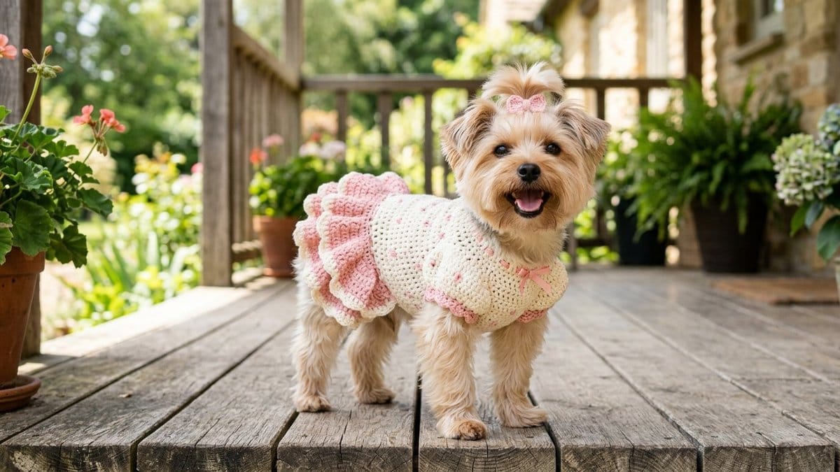 Small fluffy dog standing on a wooden porch wearing a handmade pink crochet dog dress with ruffles