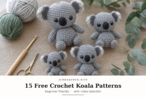 Four grey crochet koala amigurumi toys of different sizes on a light wood table with yarn balls, a wooden hook and eucalyptus leaves
